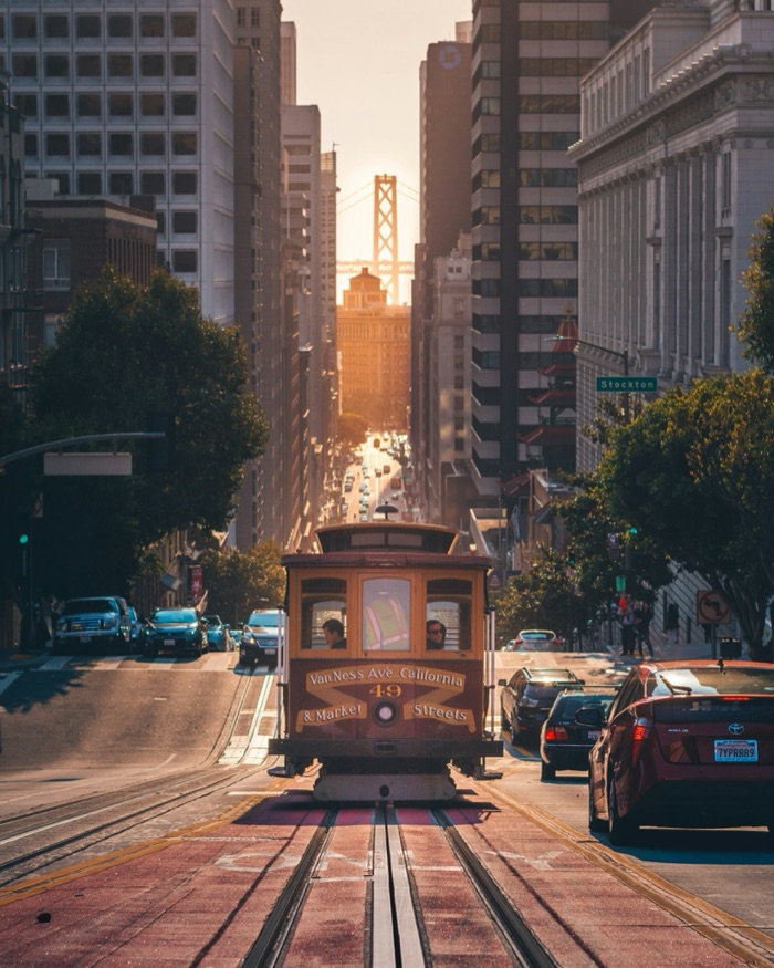 Historic streetcar on a downtown hill