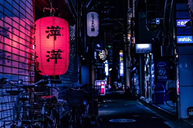 Lantern in a night alley